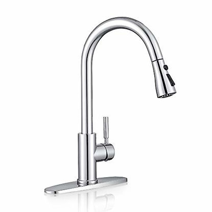 Picture of Sink Faucet, Pull Down Kitchen Faucet with Sprayer Low Lead Commercial Modern Stainless Steel rv Farmhouse Kitchen Faucet Single Handle 1 or 3 Hole Kitchen Sink Faucet, Polished Chrome WEWE