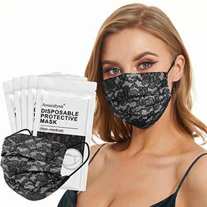 Picture of Assacalynn Disposable Fashion Mask 50pcs, Printed Lace Face Mask for Lady Women, 3 Layer Masks for Women