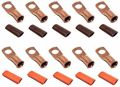 Picture of 10pcs 4 Gauge 4 AWG x 3/8 Pure Copper UL Listed Cable Lug Terminal Ring Connectors with Dual Wall Adhesive Lined Red + Black Heat Shrink Tubing - by WNI