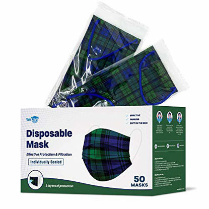 Picture of WeCare Disposable Face Mask Individually Wrapped - 50 Pack, Green Plaid Masks