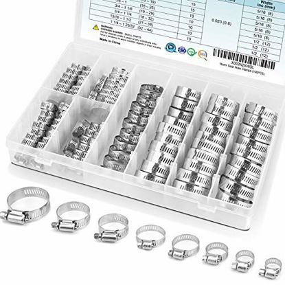 Picture of TICONN 100PCS Hose Clamp Set - 1/4''-1-23/32'' 304 Stainless Steel Worm Gear Hose Clamps for Pipe, Intercooler, Plumbing, Tube and Fuel Line