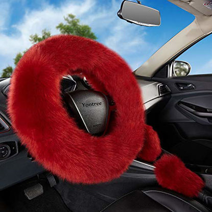 Picture of Yontree Fashion Fluffy Steering Wheel Covers for Women/Girls/Ladies Australia Pure Wool 15 Inch 1 Set 3 Pcs (Wine)