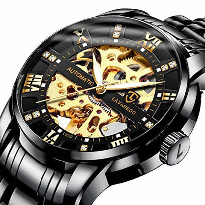 Picture of Mens Watch Black Mechanical Stainless Steel Skeleton Waterproof Automatic Self-Winding Roman Numerals Diamond Dial Wrist Watch