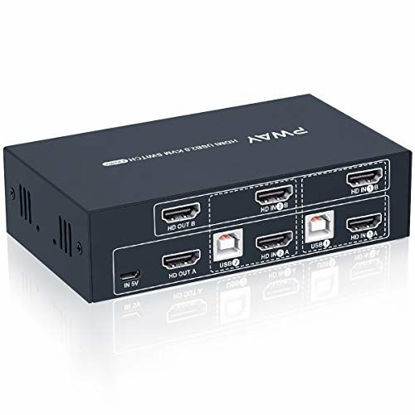 Picture of 2 Port Dual Monitor KVM Switch HDMI 4K@30Hz, 2 USB 2.0 Hub, Supported Wireless Keyboard & Mouse and Hotkey Switch, No Power Adapter with 4 HDMI Cables