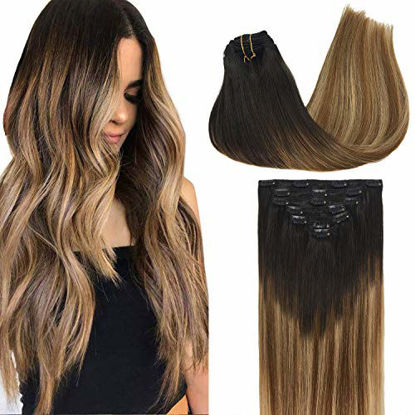 Picture of GOO GOO Human Hair Extensions Clip in Remy Hair Extensions Ombre Dark Brown Fading to Chestnut Brown and Dirty Blonde Ombre Clip in Extensions Balayage Hair Extensions 7pcs 120g 18 inch