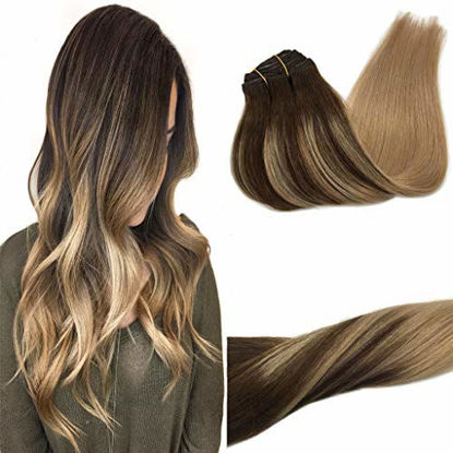 Picture of GOO GOO 120g Ombre Clip in Hair Extensions Chocolate Brown Fading to Dirty Blonde Real Remy Human Hair Extensions Clip in Natural Hair Extensions 7 Pieces 20 inch Stragiht