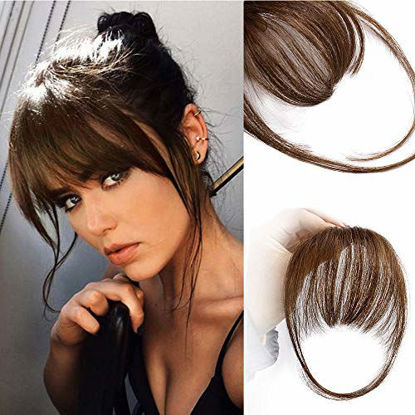 Picture of AISI QUEENS Clip in Bangs 100% Human Hair Extensions Reddish Brown Clip on Fringe Bangs with nice net Natural Flat neat Bangs with Temples for women One Piece Hairpiece (Air Bangs, Medium Brown)