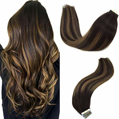 Picture of GOO GOO 24inch Hair Extensions Tape in Balayage Dark Brown to Chestnut Brown Ombre Tape in Human Hair Extensions 100% Real Remy Hair Extensions 50g 20pcs