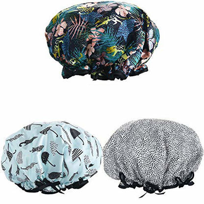 Picture of Shower Caps, 3 PACK Bath Cap for Women Waterproof & Adjustable Double Layered Shower Cap (Multi-colored8)
