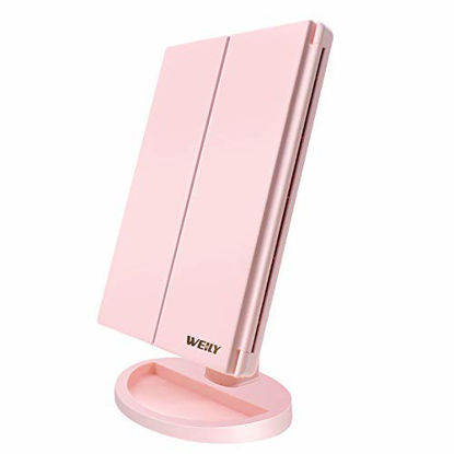 Picture of WEILY Lighted Makeup Mirror with 21 LED Lights, Trifold Vanity Mirror with 3X/2X/1X Magnification, Touch Screen, Dual Power Supply, 180 Degree Rotation Portable Mirrors for Travel(Pink)