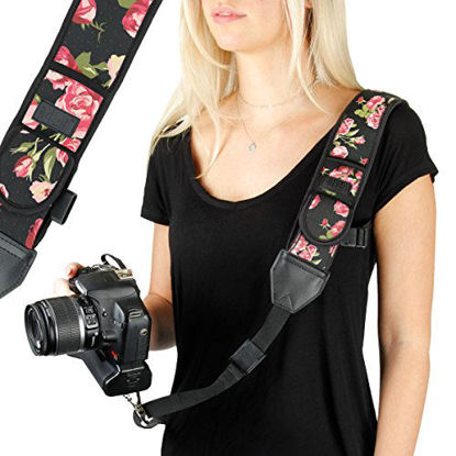 Picture of USA GEAR Camera Sling Shoulder Strap with Adjustable Floral Neoprene, Safety Tether, Accessory Pocket, Quick Release Buckle - Compatible with Canon, Nikon, Sony and More DSLR and Mirrorless Cameras