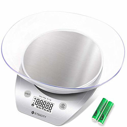 Picture of Etekcity 0.1 g Food Kitchen Gram Scale with Bowl, Accurate Measuring Tools in Ounces and Pounds for Baking, Cooking, Packages and Weight Loss, 11lb, Silver Stainless Steel