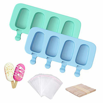 Picture of Ouddy 2 Pcs Popsicle Molds, Silicone Popsicle Molds for Kids 4 Cavities Ice Pop Molds Cake Pop Mold Oval with 50 Wooden Sticks & 50 Parcel Bags for DIY Ice Cream - Green + Blue