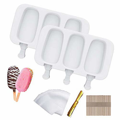 Picture of Ouddy Popsicle Molds Set of 2, Silicone Ice Pop Molds 3 Cavities Homemade Cake Pop Mold Ice Cream Mold Oval with Lids & 50 Wooden Sticks & 50 Parcel Bags & 50 Sealing Lines for DIY Ice Cream - White
