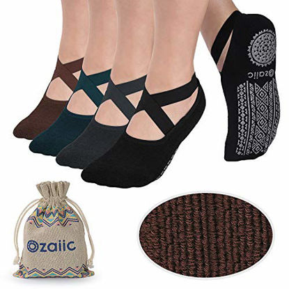 Picture of Yoga Socks for Women Non-Slip Grips & Straps, Ideal for Pilates, Pure Barre, Ballet, Dance, Barefoot Workout (4 Pairs-Coffee/Green/Black/Gray, One Size (Women 5.5-11))
