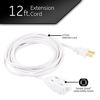 Picture of GE 12 Ft Extension Cord, 3 Outlet Power Strip, 2 Prong, 16 Gauge, Twist-to-Close Safety Outlet Covers, Indoor Rated, Perfect for Home, Office or Kitchen, UL Listed, White, 51954