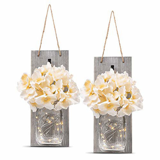 GetUSCart HOMKO Decorative Mason Jar Wall Decor Rustic Wall Sconces with 6 Hour Timer LED Fairy Lights and Flowers Farmhouse Home Decor Set of 2