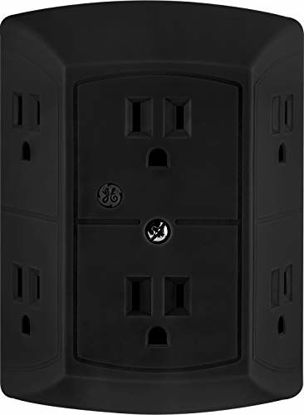 Picture of GE 6 Outlet Wall Plug Adapter Power Strip, Extra Wide Spaced Outlets, Power Adapter, 3 Prong, Multi Outlet Wall Charger, Quick & Easy Install, For Home Office, Black, 45201