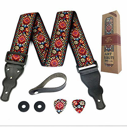 Picture of Guitar Strap Embroidered Red Vintage Woven W/FREE BONUS- 2 Picks + Strap Locks + Strap Button. Stocking Stuffer For Bass, Electric & Acoustic Guitars Best Christmas Gift for Men & Women Guitarists