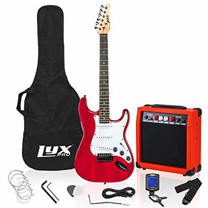 Picture of LyxPro 39 inch Electric Guitar Kit Bundle with 20w Amplifier, All Accessories, Digital Clip On Tuner, Six Strings, Two Picks, Tremolo Bar, Shoulder Strap, Case Bag Starter kit Full Size - Red