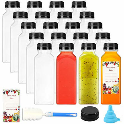 Picture of 20pcs 12oz Empty Plastic Juice Bottles with caps, Reusable Clear Bulk Beverage Containers with Black Tamper Evident Lids for Juice, Milk and Other Beverages