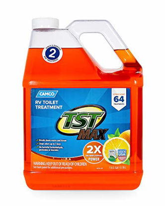 Picture of Camco 41197 TST Ultra-Concentrate Orange Scent RV Toilet Treatment, Formaldehyde Free, Breaks Down Waste And Tissue, Septic Tank Safe, Treats up to 16-40 Gallon Holding Tanks (1 Gal)