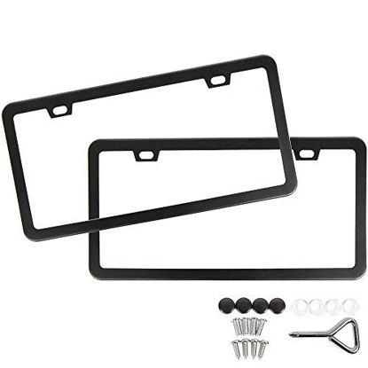 Picture of SunplusTrade License Plate Frame Black Matte Powder Coated Aluminum with Screw Caps (2 Pieces 2 Holes)