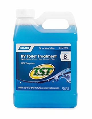 Picture of Camco TST Clean Scent RV Toilet Treatment, Formaldehyde Free, Breaks Down Waste And Tissue, Septic Tank Safe, Treats up to 8 - 40 Gallon Holding Tanks (32 Ounce Bottle) - 41502, TST Blue