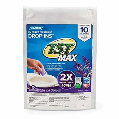 Picture of Camco TST Ultra-Concentrated Lavender Citrus Scent RV Toilet MAX Treatment Drop-Ins, Formaldehyde Free, Breaks Down Waste And Tissue, Septic Tank Safe, 10-Pack (41556)
