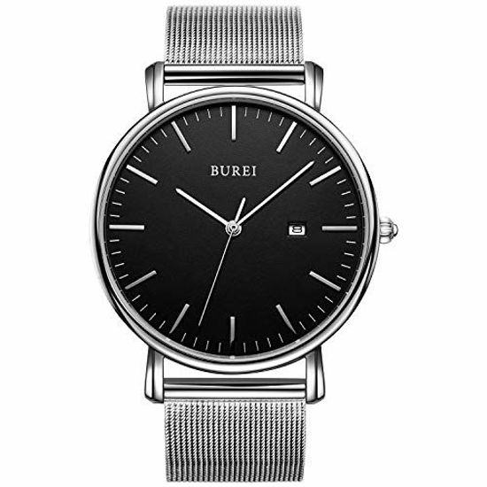 Picture of BUREI Men's Fashion Minimalist Wrist Watch Analog Date with Stainless Steel Mesh Band (Black Silver)