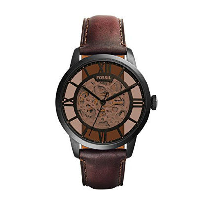 Picture of Fossil Men's Townsman Auto Automatic Leather Three-Hand Watch, Color: Black, Cognac (Model: ME3098)
