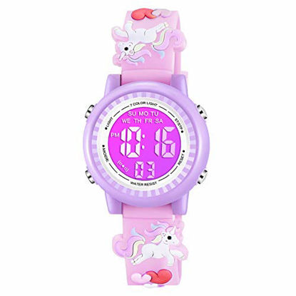 Picture of Venhoo Kids Watches 3D Cartoon Waterproof 7 Color Lights Toddler Wrist Digital Watch with Alarm Stopwatch for 3-10 Year Girls Little Child-Pink Unicorn