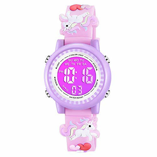 Picture of Venhoo Kids Watches 3D Cartoon Waterproof 7 Color Lights Toddler Wrist Digital Watch with Alarm Stopwatch for 3-10 Year Girls Little Child-Pink Unicorn