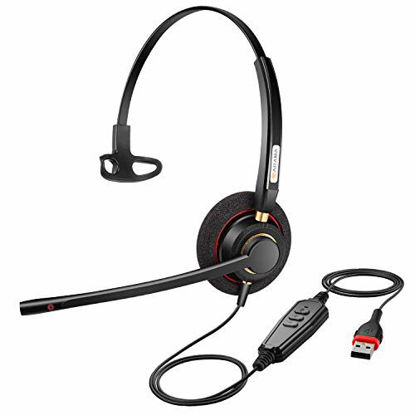 Picture of USB Headset with Microphone Noise Cancelling& Audio Controls Ultra Comfort Computer Headset for Business Skype UC Webinar Call Center Office-Mono