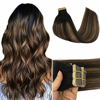 Picture of GOO GOO Human Hair Extensions Tape in Balayage Natural Black to Chestnut Brown 50g 20pcs 16 Inch Remy Hair Extensions Tape in Human Hair Straight Real Natural Hair Extensions