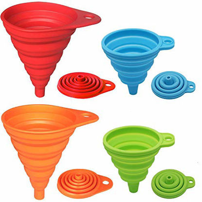 Picture of KongNai Silicone Collapsible Funnel Set of 4, Small and Large, Kitchen Gadgets Foldable Funnel for Water Bottle Liquid Transfer Food Grade