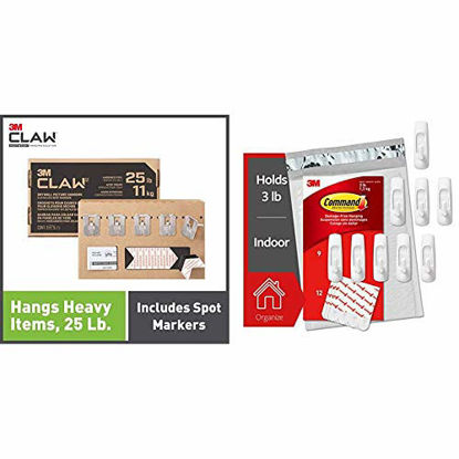 Picture of 3M Claw Drywall Picture Hangers Holds 25 lb. & Command Medium Utility Hooks, 9-Hooks, 12-Strips