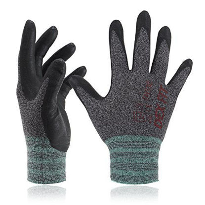 Picture of DEX FIT Lightweight Nitrile Work Gloves FN330, 3D Comfort Stretch Fit, Durable Power Grip Foam Coated, Smart Touch, Thin Machine Washable, Black Grey Large 12 Pairs Pack