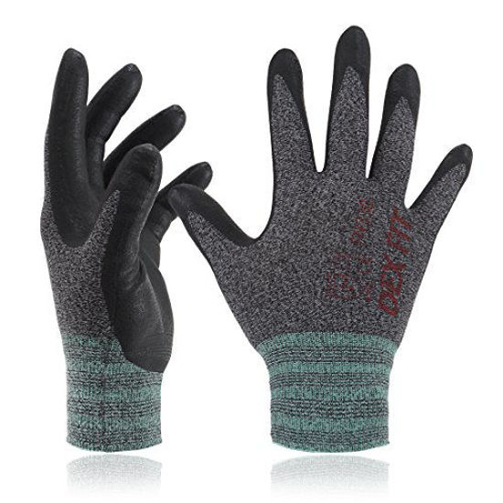 Picture of DEX FIT Lightweight Nitrile Work Gloves FN330, 3D Comfort Stretch Fit, Durable Power Grip Foam Coated, Smart Touch, Thin Machine Washable, Black Grey Large 12 Pairs Pack
