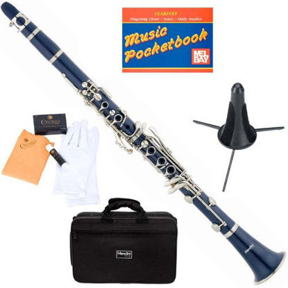 Picture of Mendini MCT-BL+SD+PB Blue ABS B Flat Clarinet with Case, Stand, Pocketbook, Mouthpiece, 10 Reeds and More