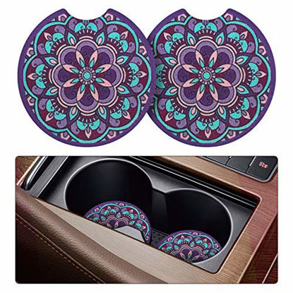 Picture of Tifanso 2 Pack Car Coasters for Drinks Absorbent - 2.75 inch Car Cup Holder Coasters, Mandala Rubber Coasters, Removable Universal Neoprene Car Coasters for Women, Cute Car Auto Interior Accessories