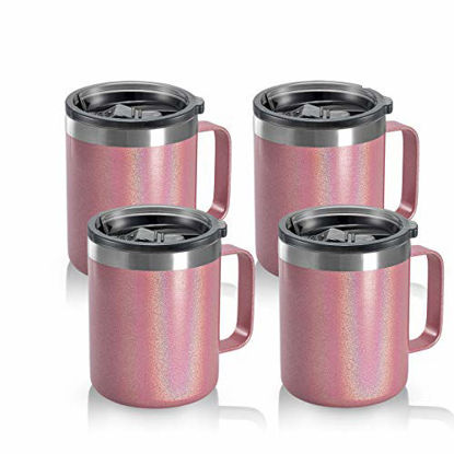 Picture of 12oz Stainless Steel Insulated Coffee Mug with Handle, Double Wall Vacuum Tumbler Cup with Sliding Lid, PINK GLITTER, 4 Pack
