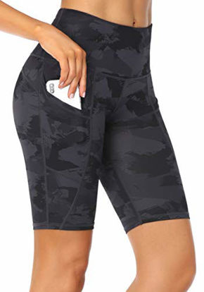 Picture of Oalka Women's Short Yoga Side Pockets High Waist Workout Running Shorts Camo Charcoal Splinter X-Large
