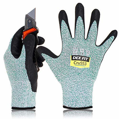 Picture of DEX FIT Level 5 Cut Resistant Gloves Cru553, 3D Comfort Stretch Fit, Power Grip, Durable Foam Nitrile, Smart Touch, Machine Washable, Thin & Lightweight, Green Large 1 Pair
