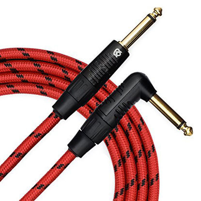 Picture of KLIQ Guitar Instrument Cable, 10 Ft - Custom Series with Premium Rean-Neutrik 1/4" Straight to Right Angle Gold Plugs, Red/Black Tweed