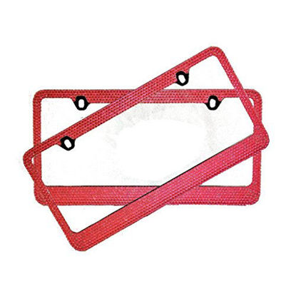 Picture of BLVD-LPF OBEY YOUR LUXURY Popular Bling 7 Row Hot Pink Color Crystal Metal Chrome License Plate Frame with Screw Caps - 2 Frames