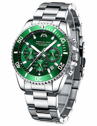 Picture of MEGALITH Mens Watches Stainless Steel Silver Waterproof Gents Watch Chronograph Wrist Watches for Men Analog Quartz Date Calendar Business Casual Fashion Green Watches