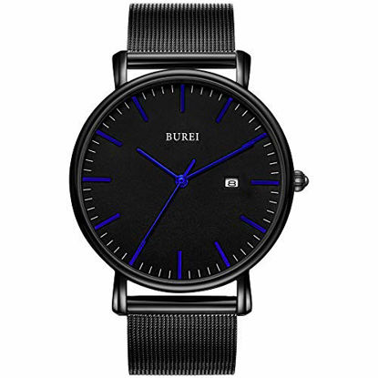 Picture of BUREI Men's Fashion Minimalist Wrist Watch Analog Black Dial with Stainless Steel Mesh Band