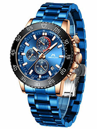 Picture of MEGALITH Mens Chronograph Watches Stainless Steel Blue Man Waterproof Watch Gent Wristwatches for Men Fashion Business Classic Analog Quartz Date Watches
