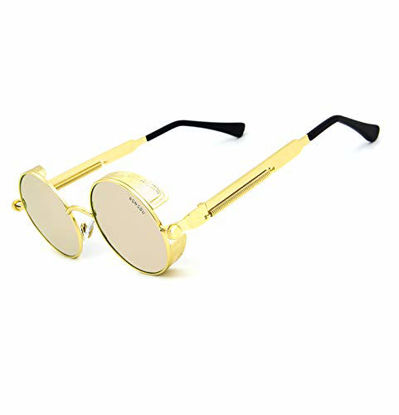 Picture of Ronsou Steampunk Style Round Vintage Polarized Sunglasses Retro Eyewear UV400 Protection Matel Frame golden frame/pink lens